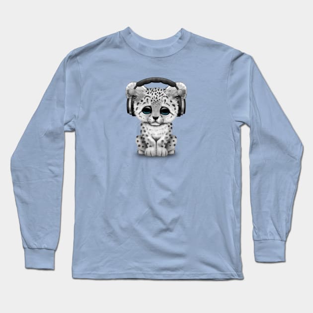 Cute Snow leopard Cub Dj Wearing Headphones Long Sleeve T-Shirt by jeffbartels